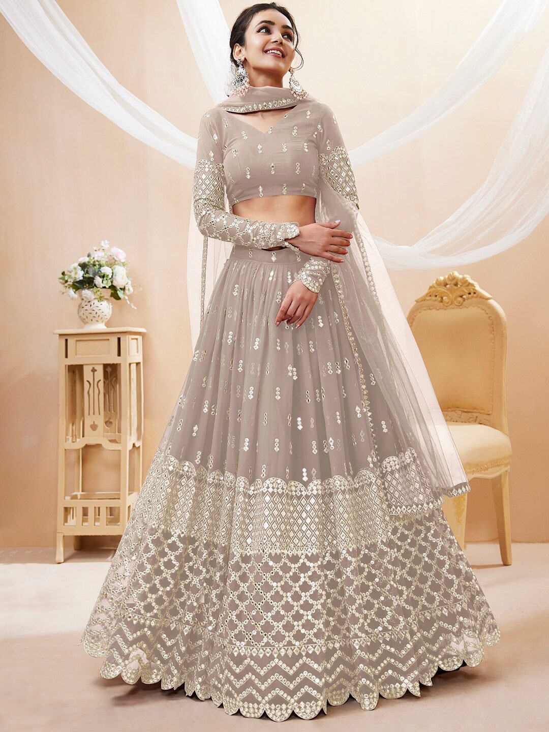 Embroidered Mirror Work Semi-Stitched Lehenga Choli With Dupatta