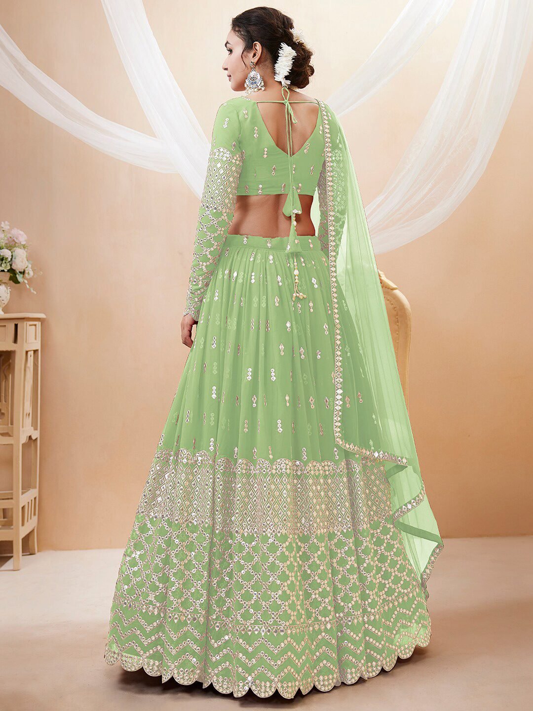 Embroidered Mirror Work Semi-Stitched Lehenga Choli With Dupatta