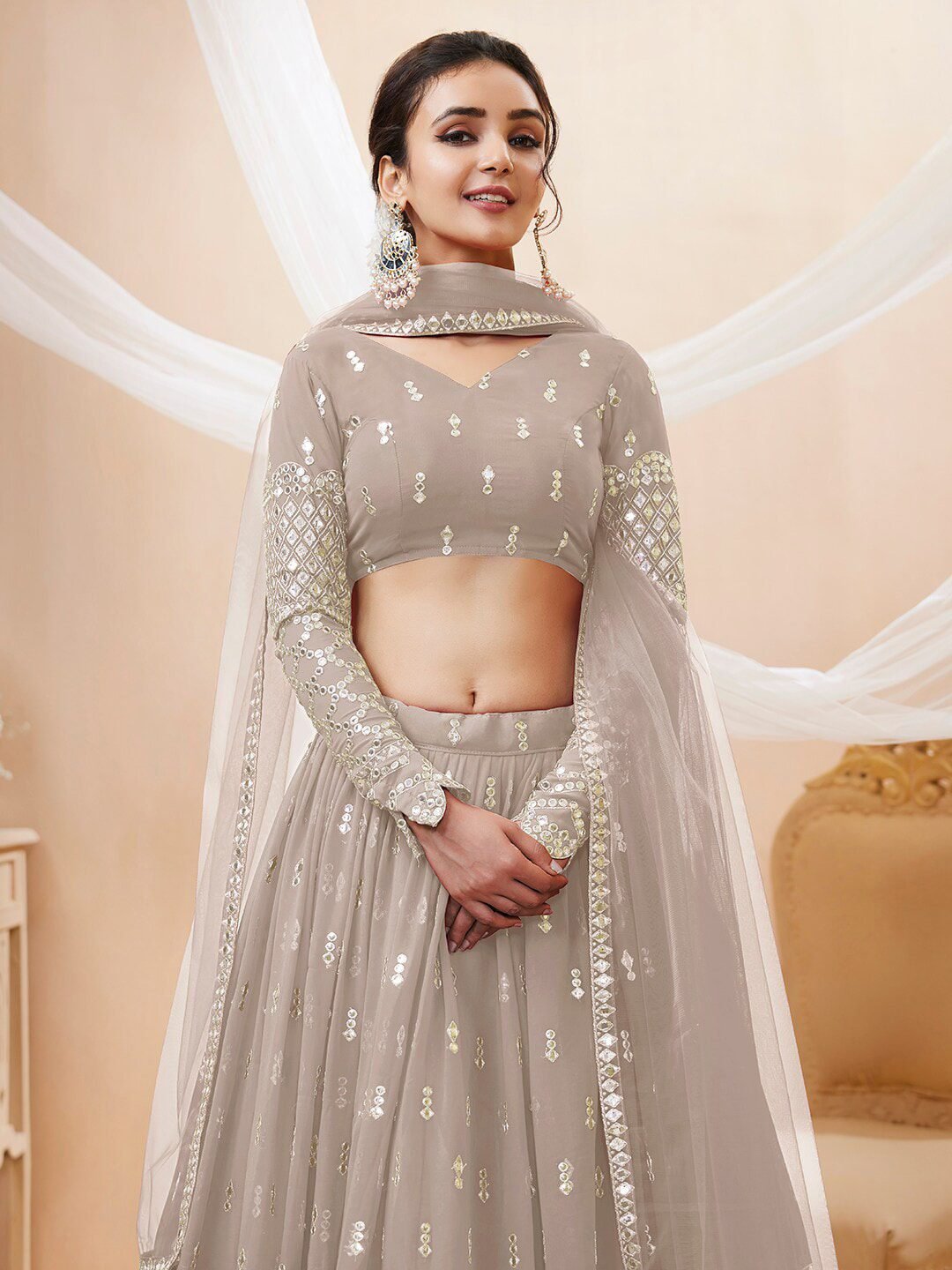 Embroidered Mirror Work Semi-Stitched Lehenga Choli With Dupatta