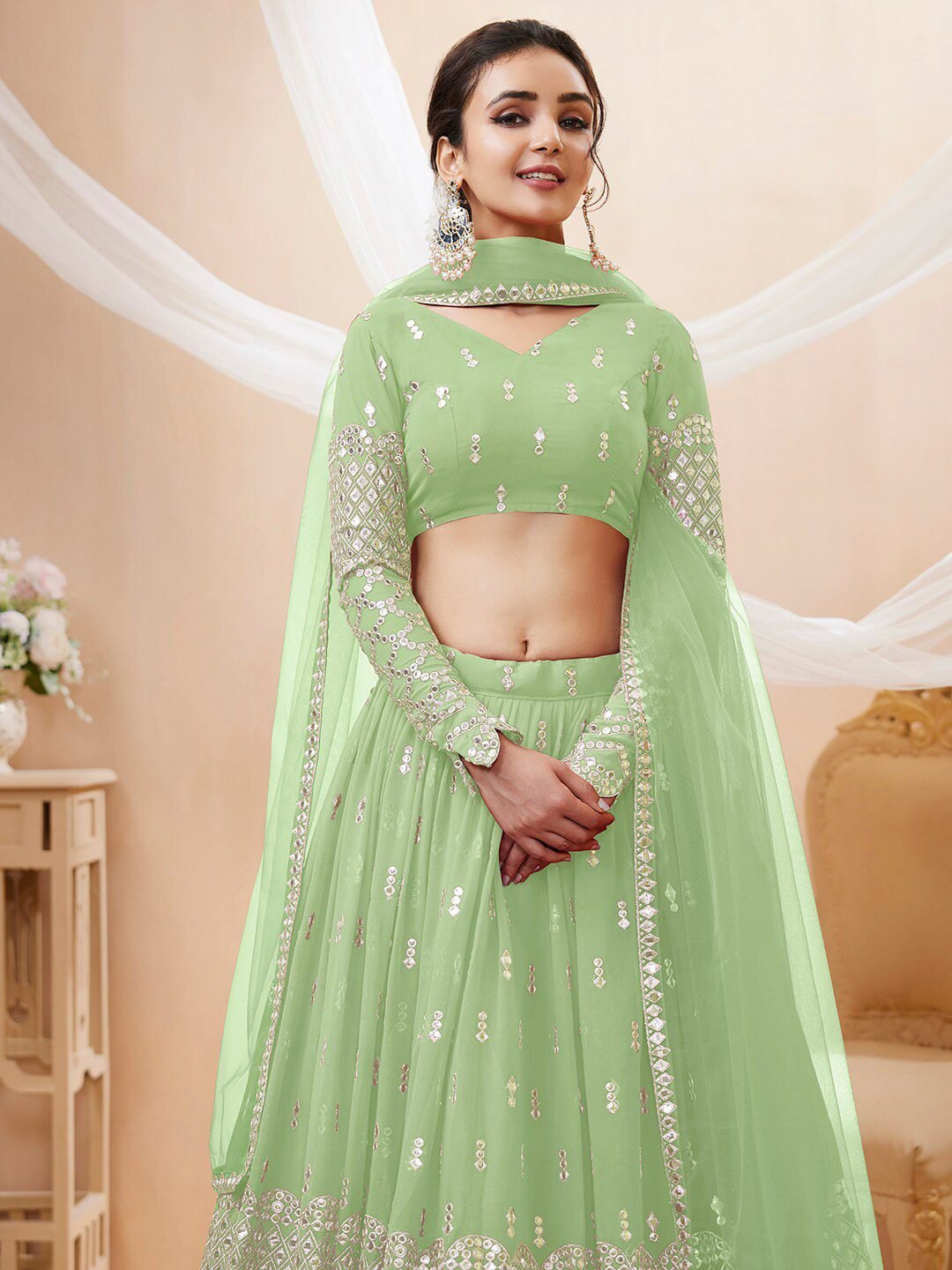 Embroidered Mirror Work Semi-Stitched Lehenga Choli With Dupatta