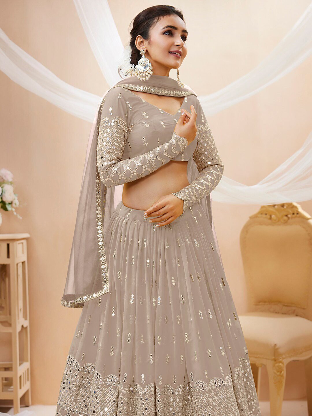 Embroidered Mirror Work Semi-Stitched Lehenga Choli With Dupatta