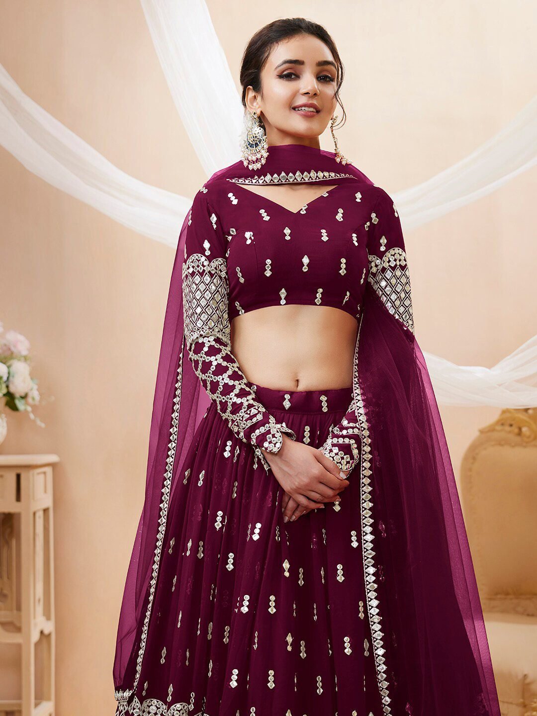 Embroidered Mirror Work Semi-Stitched Lehenga Choli With Dupatta