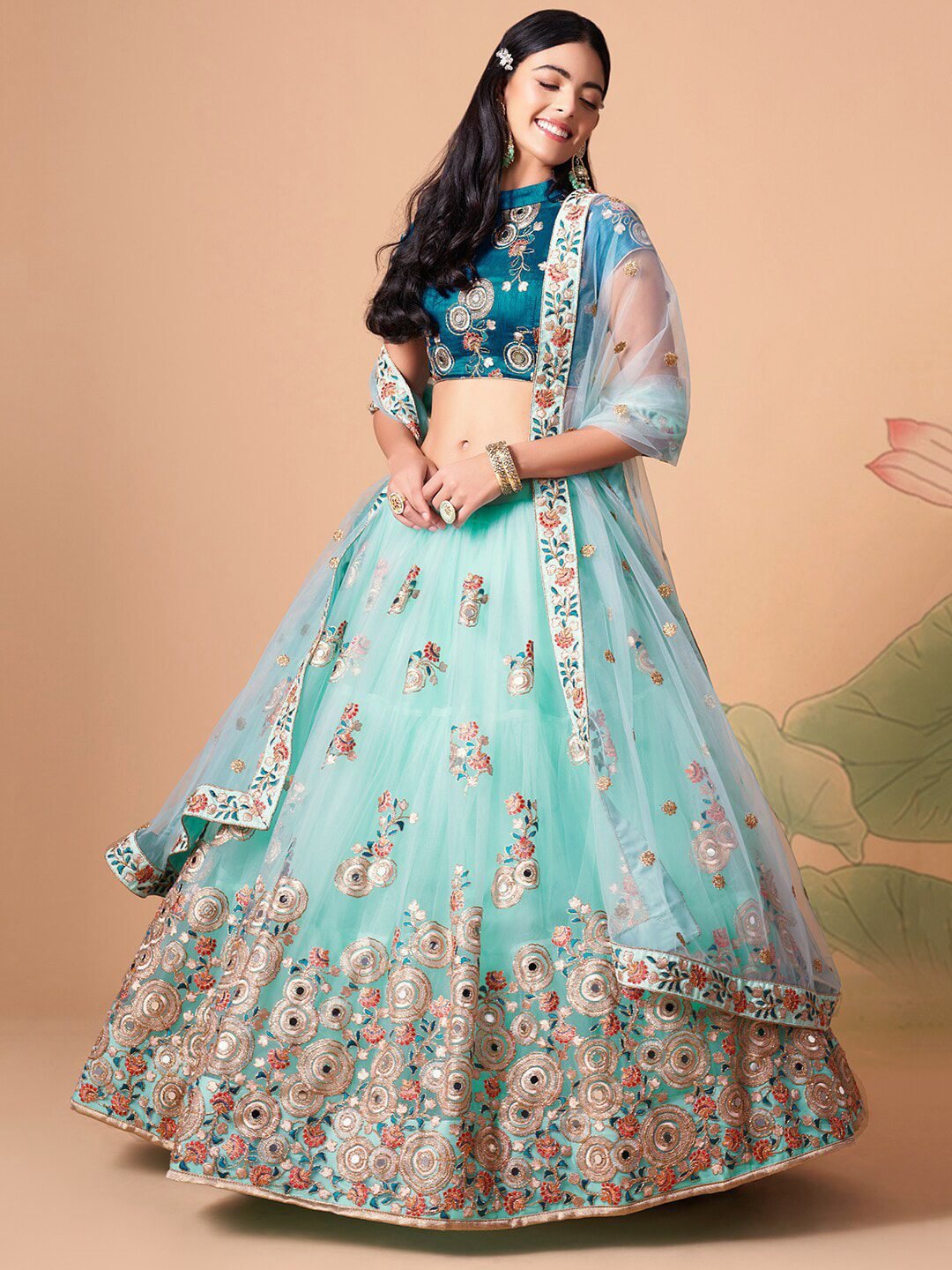 Embroidered Mirror Work Semi-Stitched Lehenga & Unstitched Blouse With
