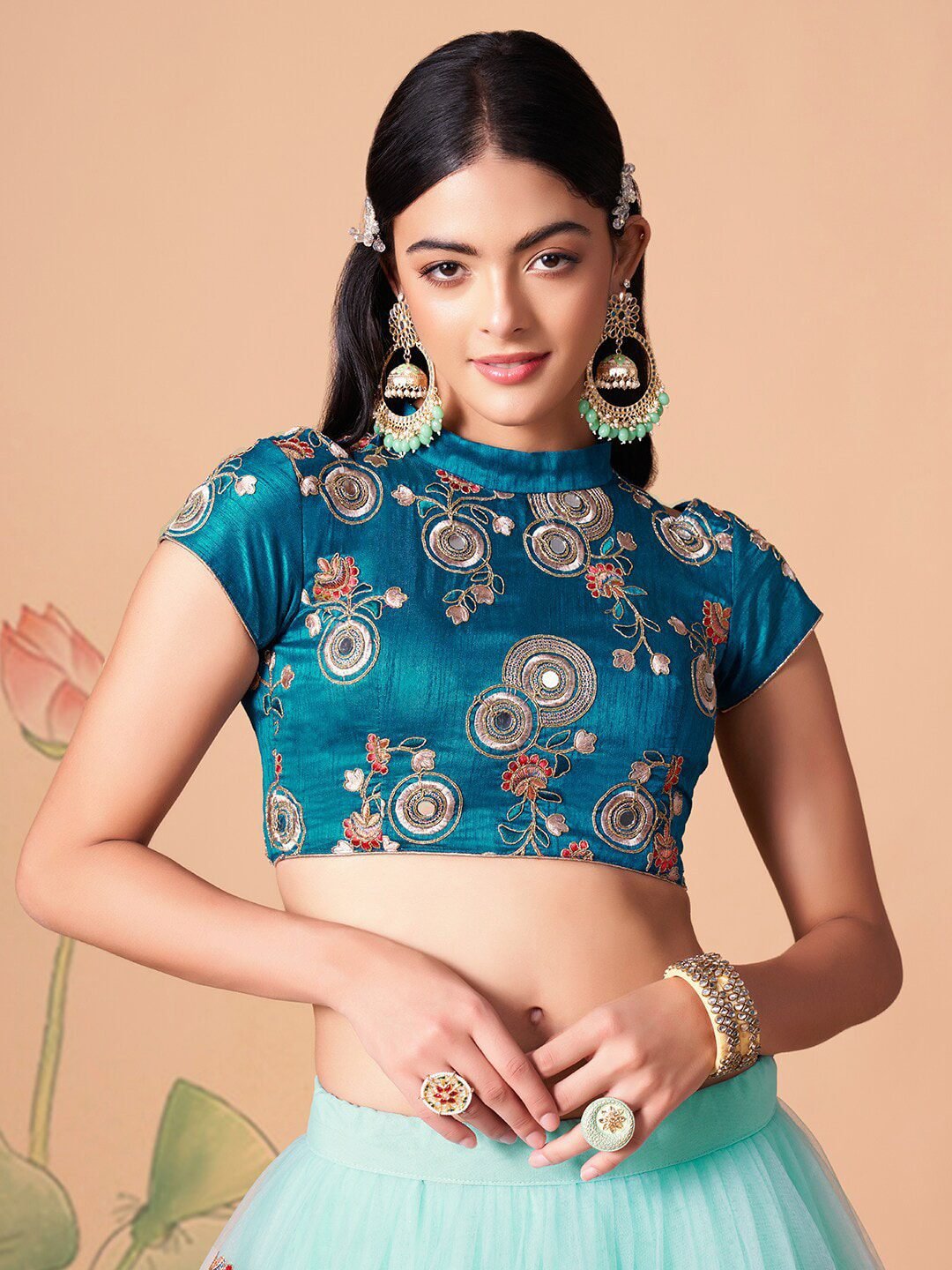 Embroidered Mirror Work Semi-Stitched Lehenga & Unstitched Blouse With