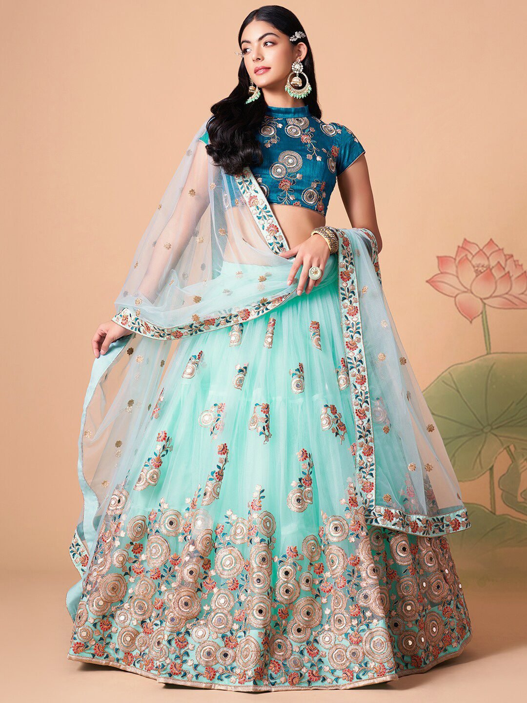 Embroidered Mirror Work Semi-Stitched Lehenga & Unstitched Blouse With