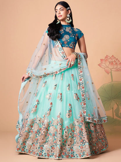 Embroidered Mirror Work Semi-Stitched Lehenga & Unstitched Blouse With