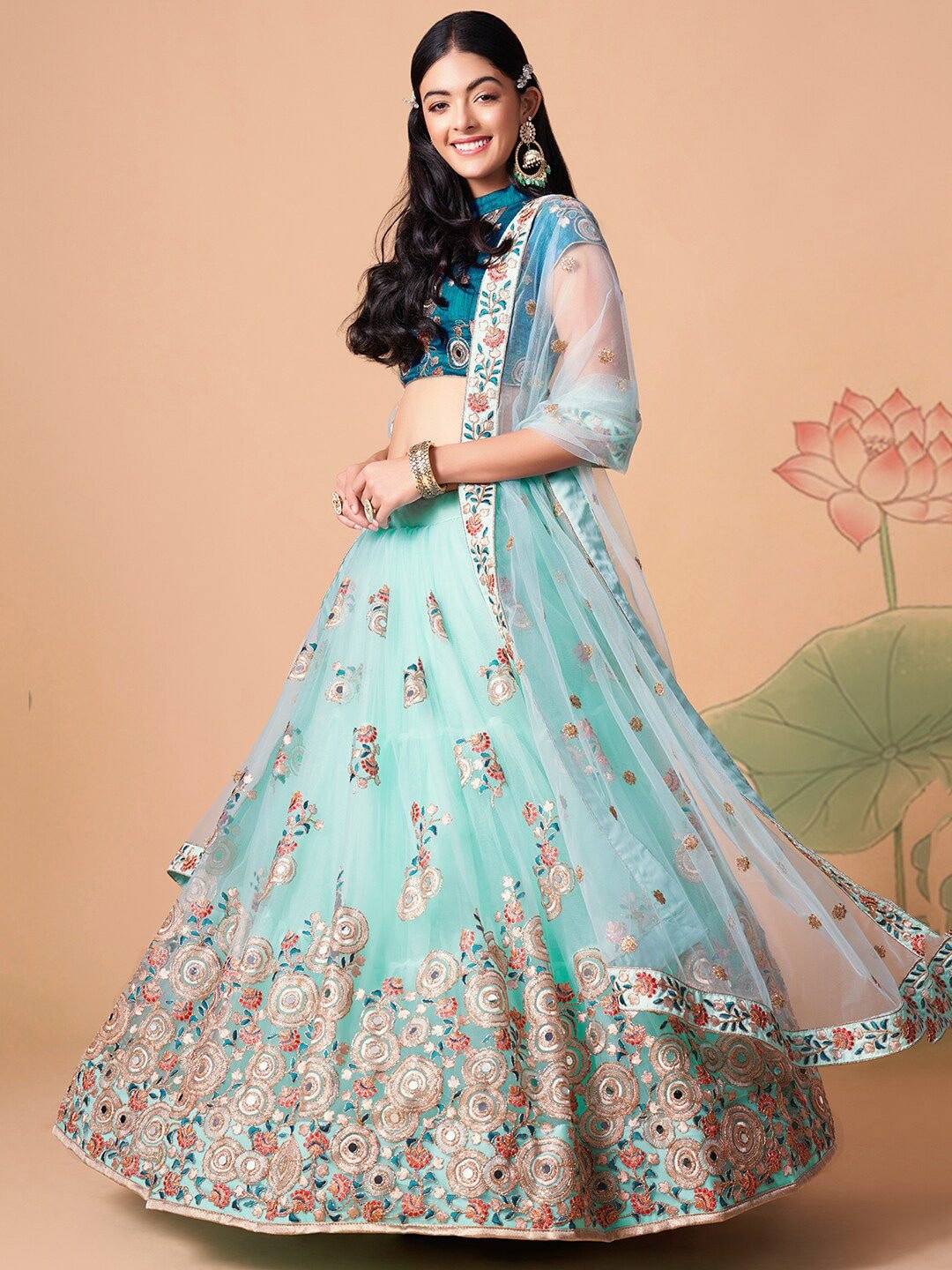 Embroidered Mirror Work Semi-Stitched Lehenga & Unstitched Blouse With