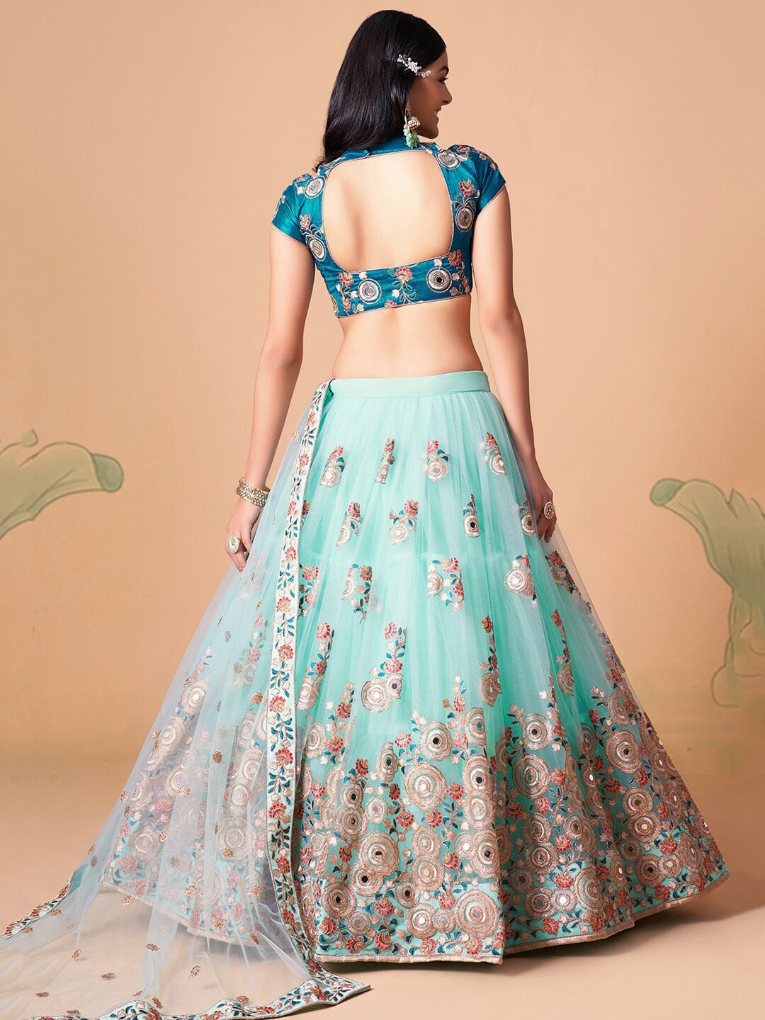 Embroidered Mirror Work Semi-Stitched Lehenga & Unstitched Blouse With