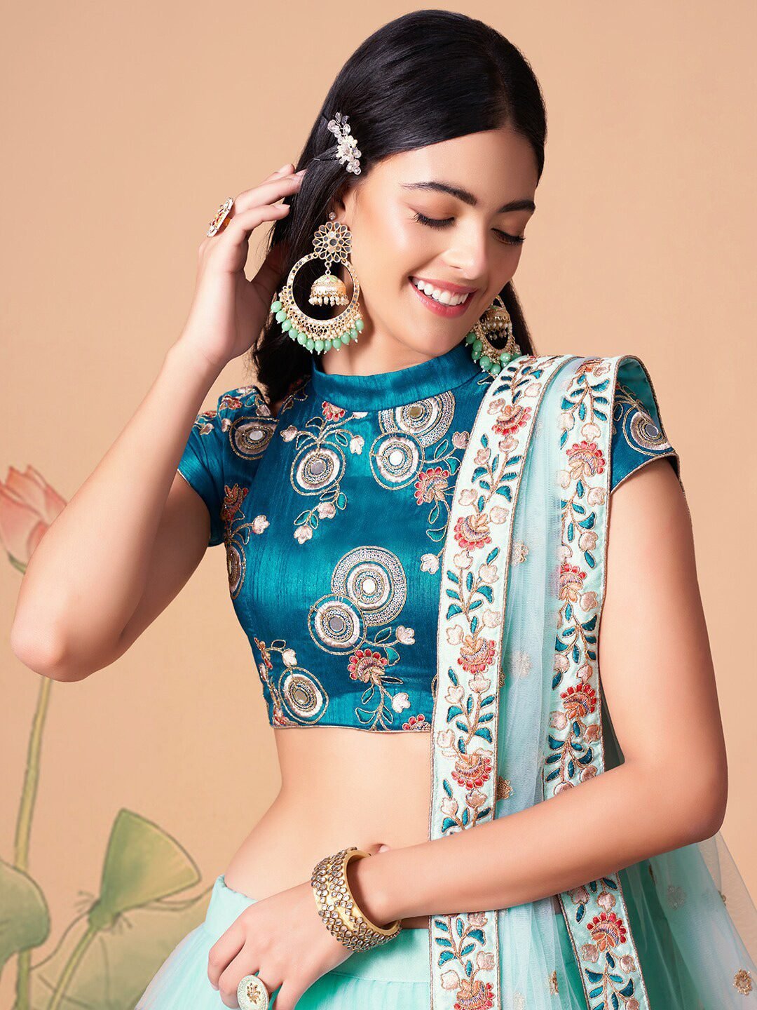 Embroidered Mirror Work Semi-Stitched Lehenga & Unstitched Blouse With