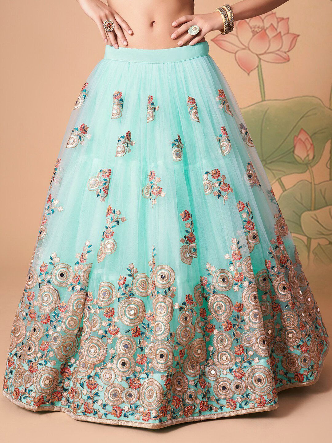 Embroidered Mirror Work Semi-Stitched Lehenga & Unstitched Blouse With