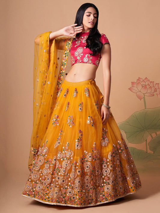 Embroidered Mirror Work Semi-Stitched Lehenga & Unstitched Blouse With Dupatta
