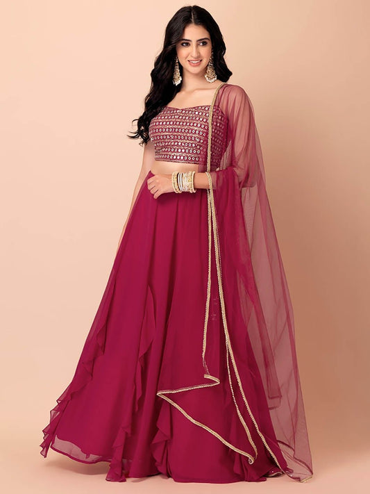 Embroidered Mirror Work Semi-Stitched Lehenga & Unstitched Blouse With Dupatta