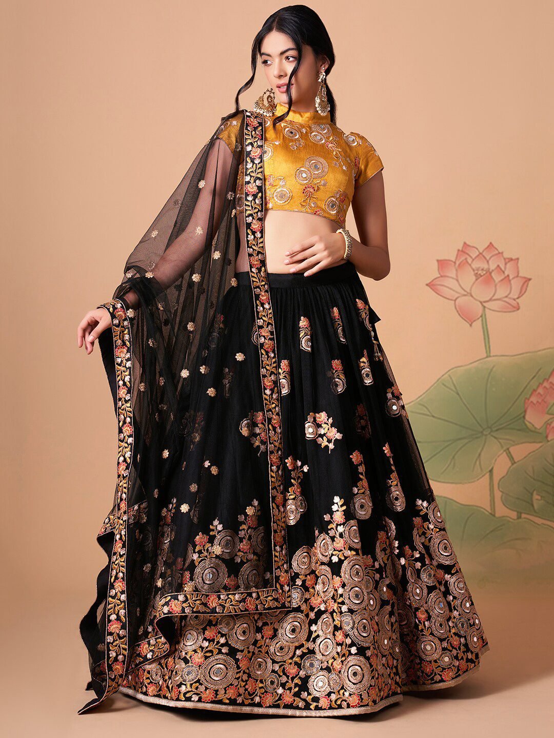 Embroidered Mirror Work Semi-Stitched Lehenga & Unstitched Blouse With Dupatta