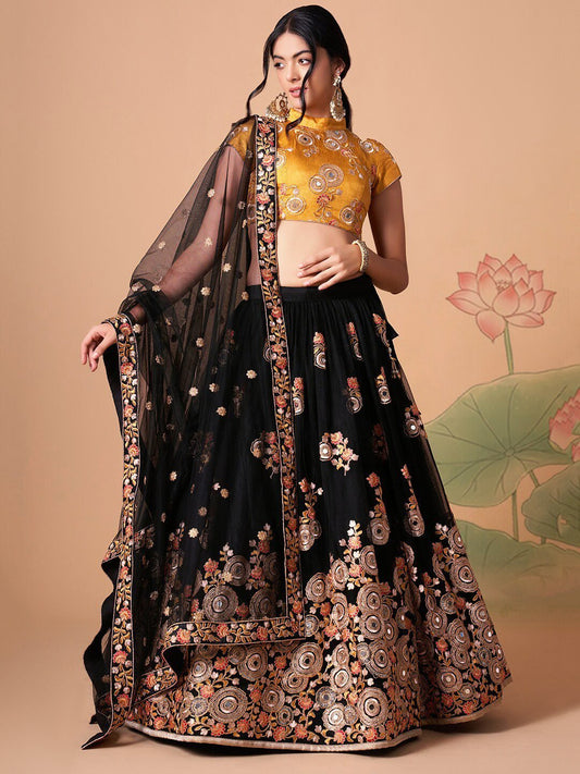 Embroidered Mirror Work Semi-Stitched Lehenga & Unstitched Blouse With Dupatta