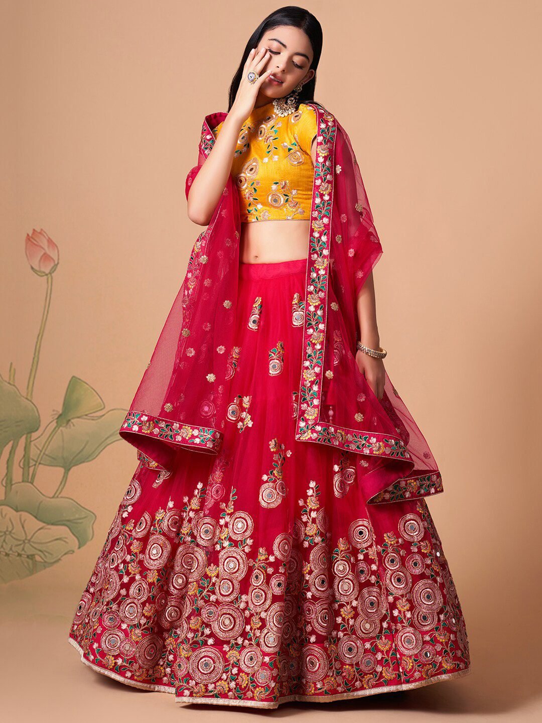 Embroidered Mirror Work Semi-Stitched Lehenga & Unstitched Blouse With Dupatta