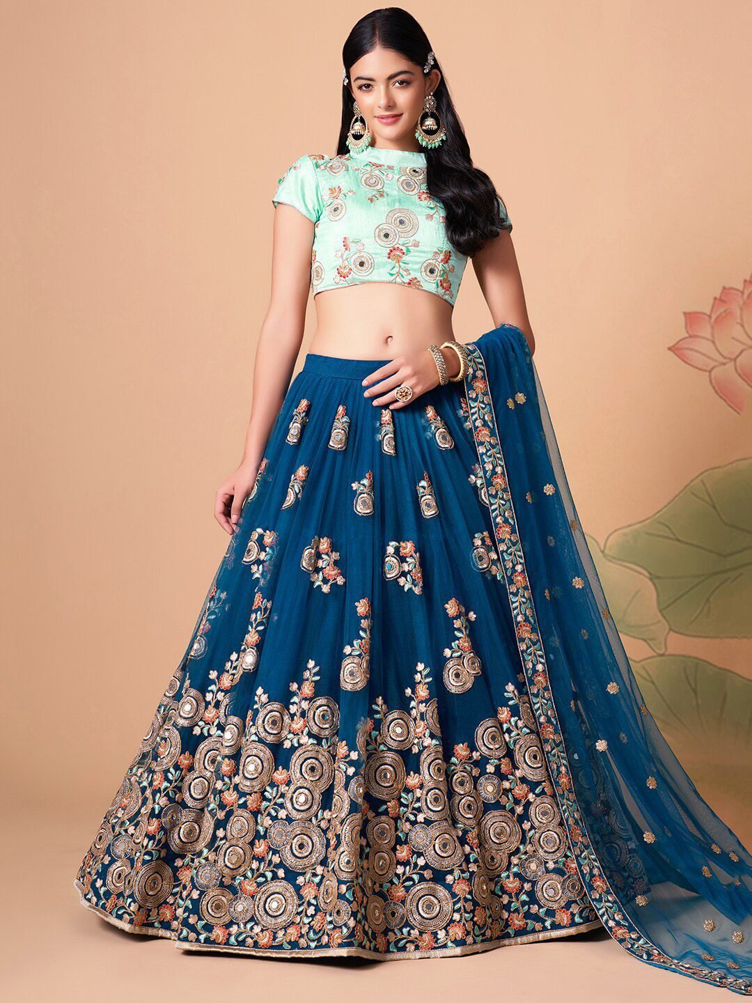 Embroidered Mirror Work Semi-Stitched Lehenga & Unstitched Blouse With Dupatta
