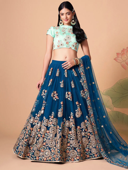 Embroidered Mirror Work Semi-Stitched Lehenga & Unstitched Blouse With Dupatta