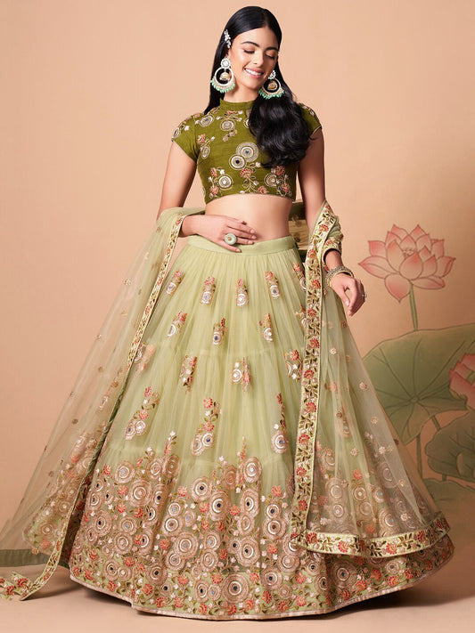 Embroidered Mirror Work Semi-Stitched Lehenga & Unstitched Blouse With Dupatta