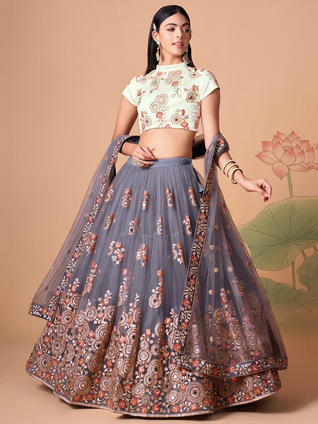 Embroidered Mirror Work Semi-Stitched Lehenga & Unstitched Blouse With Dupatta