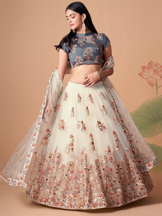 Embroidered Mirror Work Semi-Stitched Lehenga & Unstitched Blouse With Dupatta