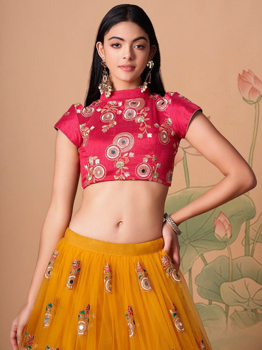 Embroidered Mirror Work Semi-Stitched Lehenga & Unstitched Blouse With Dupatta