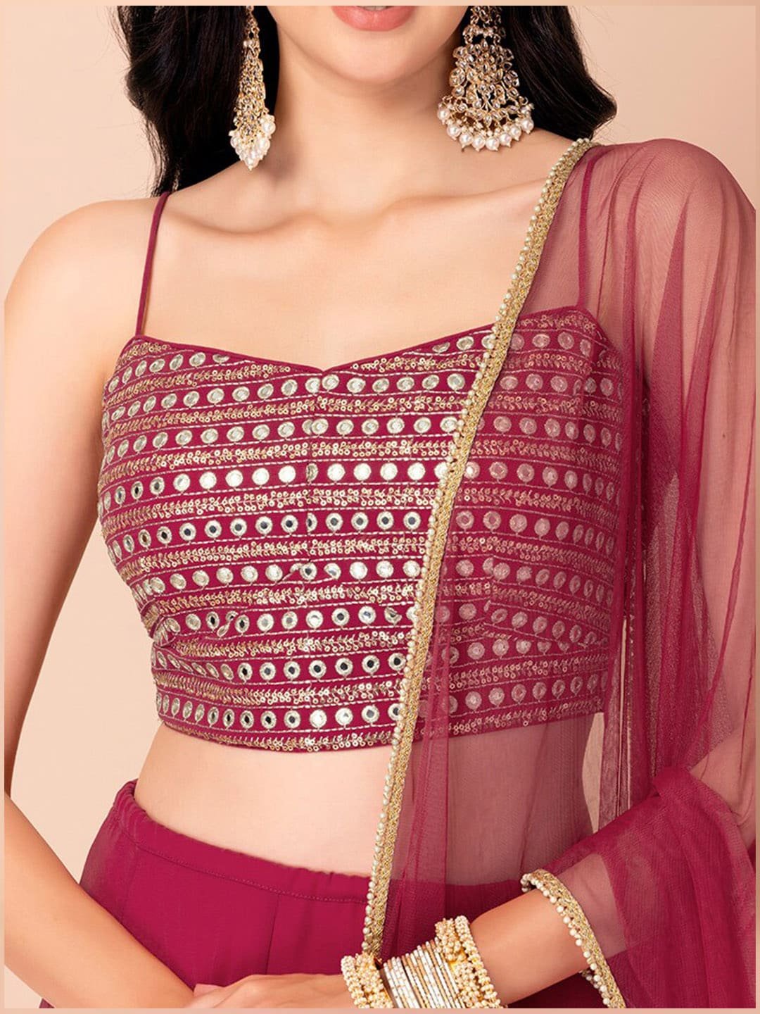 Embroidered Mirror Work Semi-Stitched Lehenga & Unstitched Blouse With Dupatta