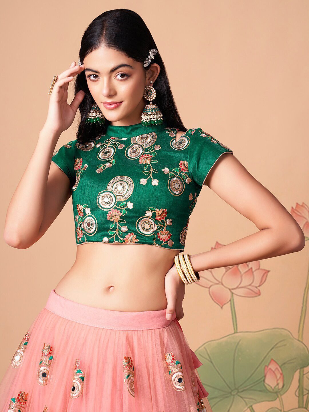 Embroidered Mirror Work Semi-Stitched Lehenga & Unstitched Blouse With Dupatta