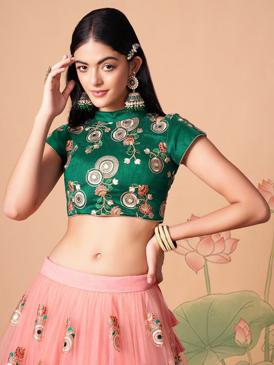 Embroidered Mirror Work Semi-Stitched Lehenga & Unstitched Blouse With Dupatta
