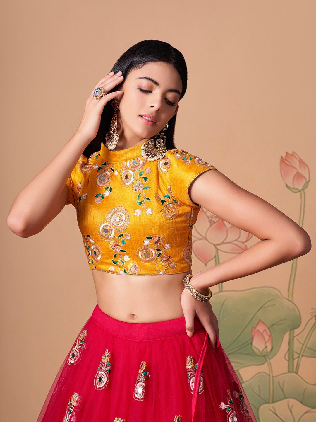 Embroidered Mirror Work Semi-Stitched Lehenga & Unstitched Blouse With Dupatta