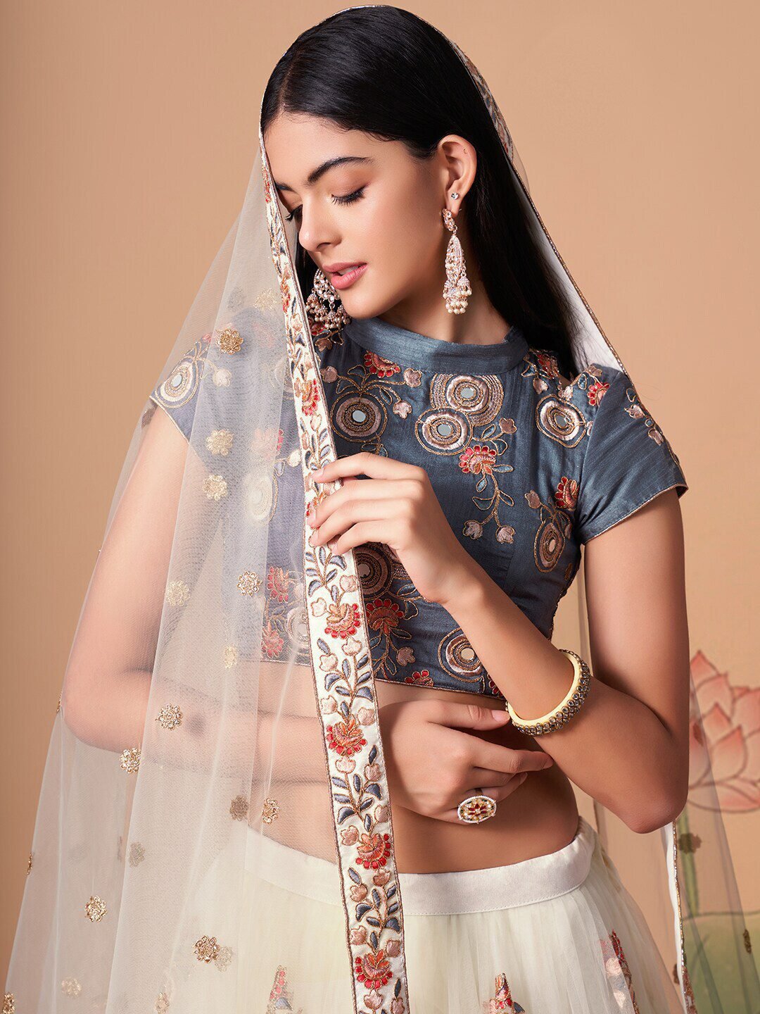 Embroidered Mirror Work Semi-Stitched Lehenga & Unstitched Blouse With Dupatta