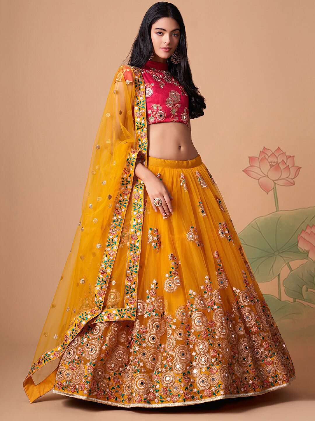 Embroidered Mirror Work Semi-Stitched Lehenga & Unstitched Blouse With Dupatta
