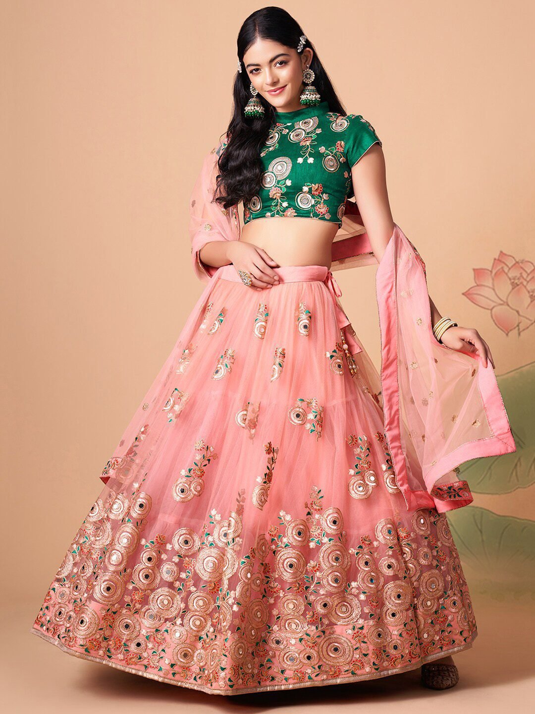 Embroidered Mirror Work Semi-Stitched Lehenga & Unstitched Blouse With Dupatta