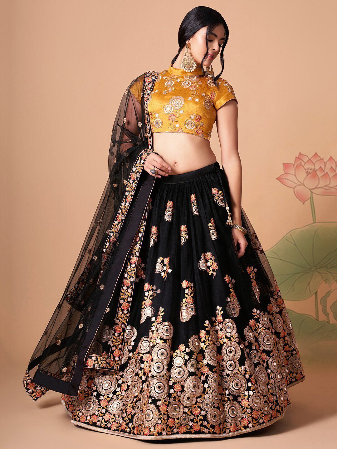 Embroidered Mirror Work Semi-Stitched Lehenga & Unstitched Blouse With Dupatta