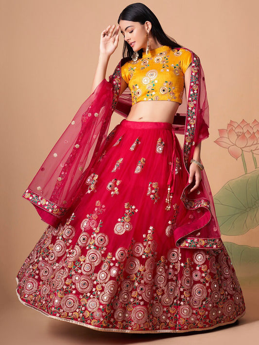 Embroidered Mirror Work Semi-Stitched Lehenga & Unstitched Blouse With Dupatta