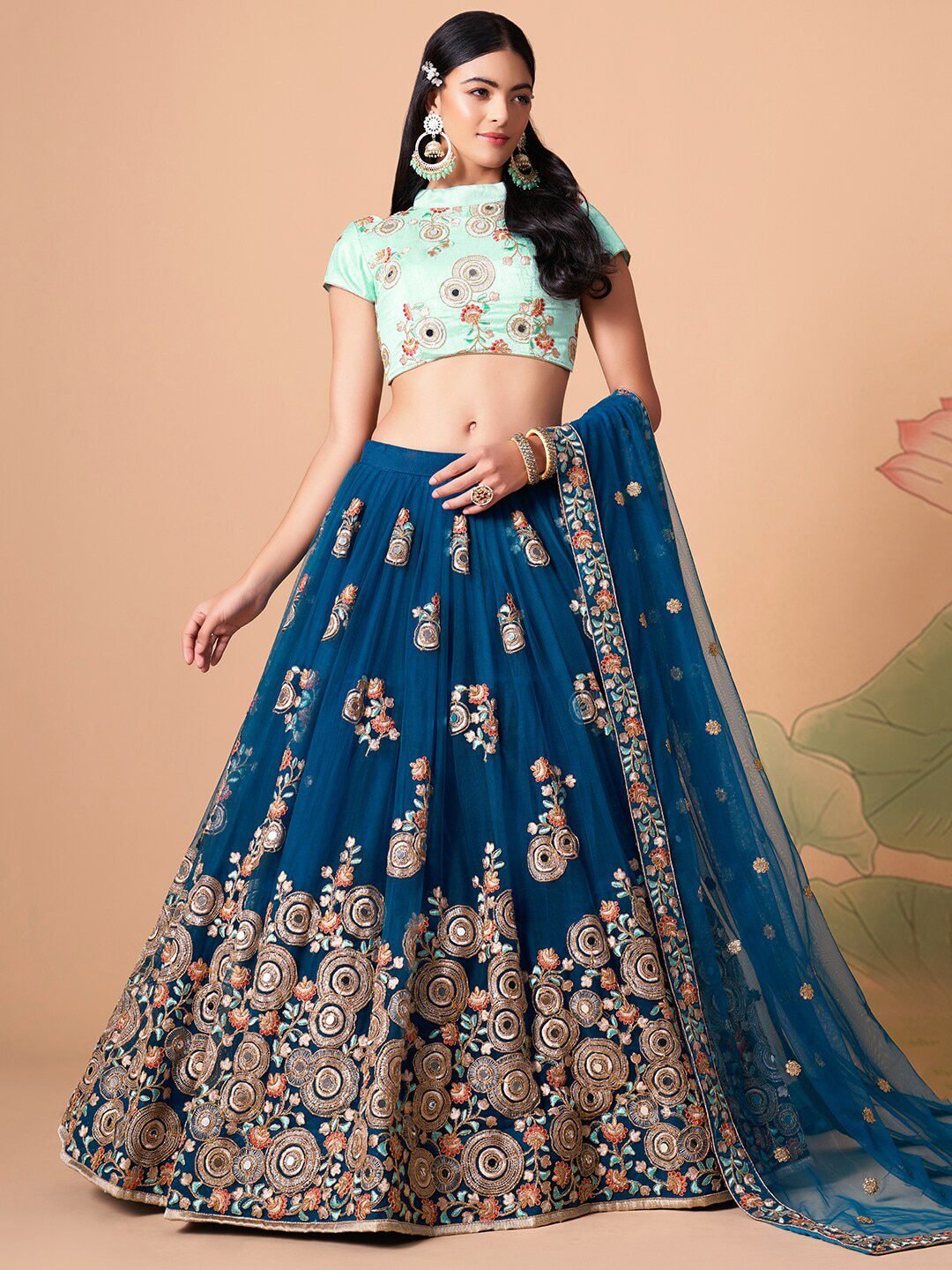Embroidered Mirror Work Semi-Stitched Lehenga & Unstitched Blouse With Dupatta