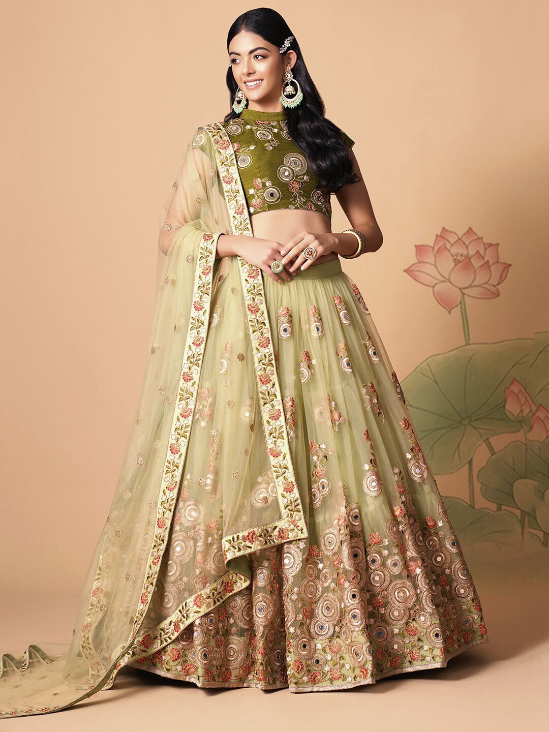 Embroidered Mirror Work Semi-Stitched Lehenga & Unstitched Blouse With Dupatta