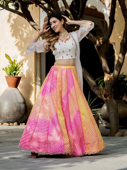 Embroidered Mirror Work Semi-Stitched Lehenga &  Unstitched Blouse With Dupatta
