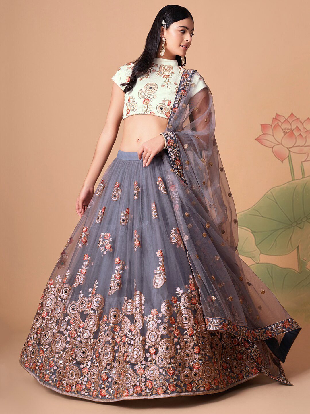 Embroidered Mirror Work Semi-Stitched Lehenga & Unstitched Blouse With Dupatta