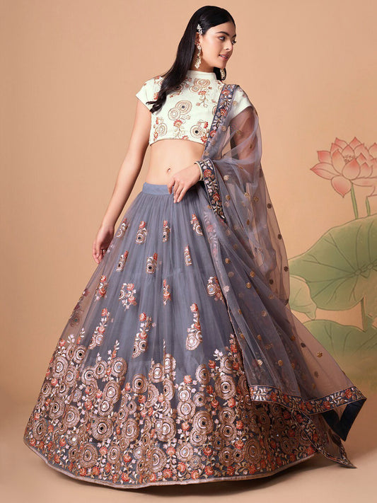 Embroidered Mirror Work Semi-Stitched Lehenga & Unstitched Blouse With Dupatta