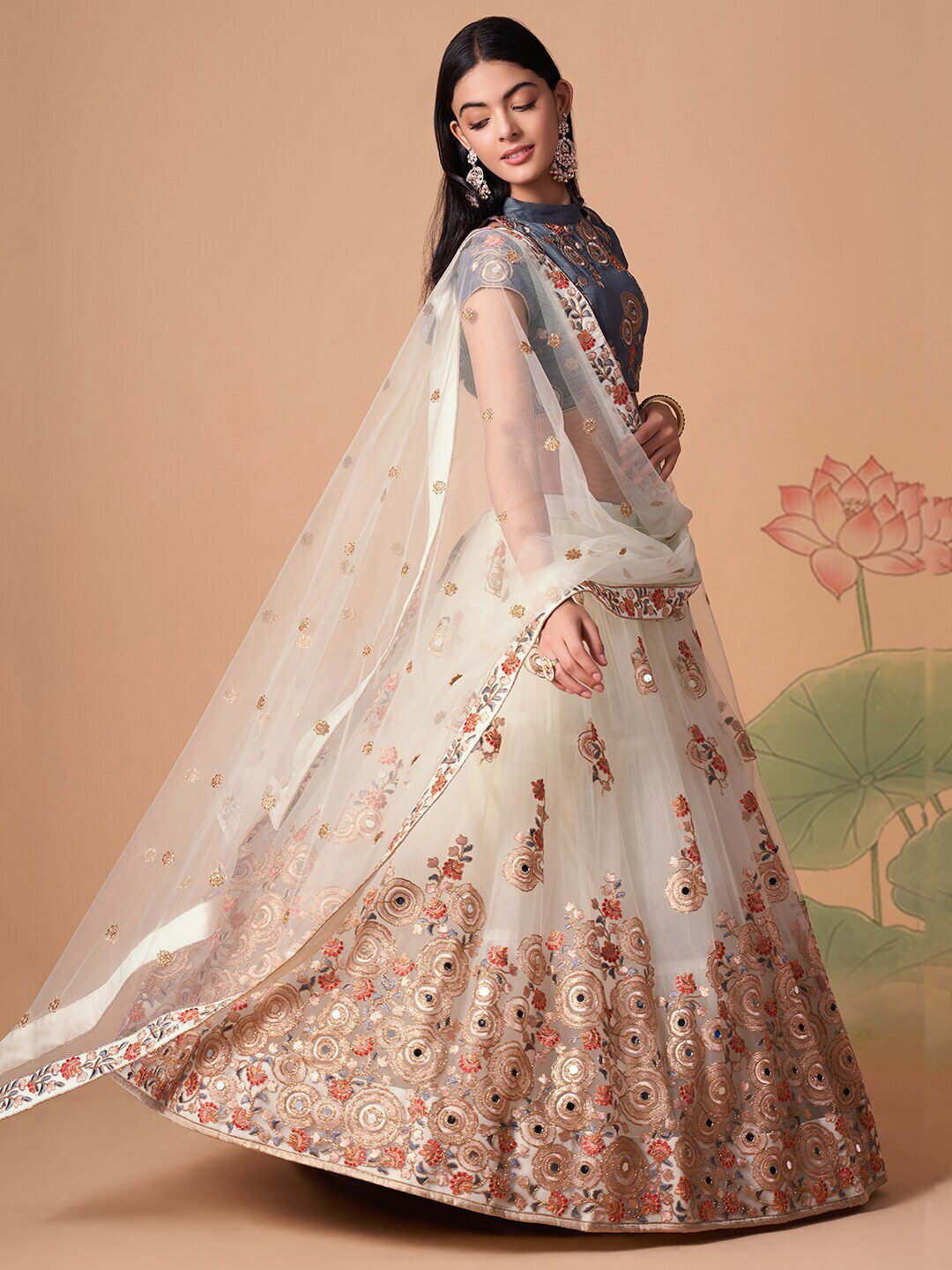 Embroidered Mirror Work Semi-Stitched Lehenga & Unstitched Blouse With Dupatta