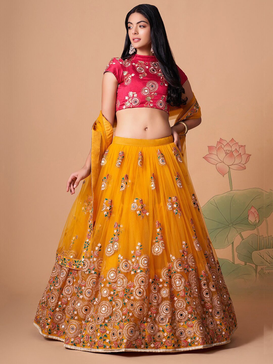 Embroidered Mirror Work Semi-Stitched Lehenga & Unstitched Blouse With Dupatta