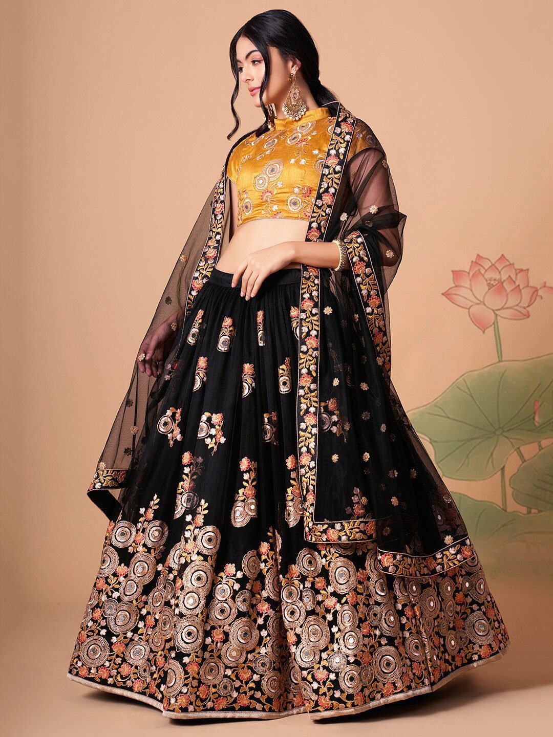 Embroidered Mirror Work Semi-Stitched Lehenga & Unstitched Blouse With Dupatta