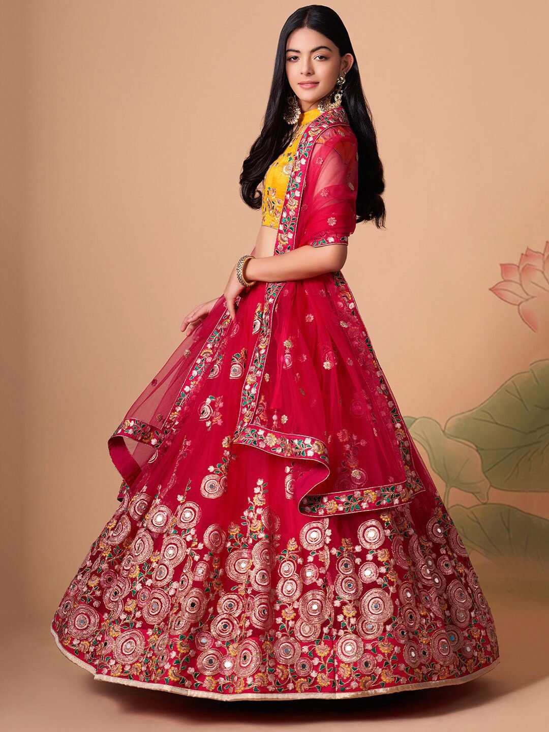 Embroidered Mirror Work Semi-Stitched Lehenga & Unstitched Blouse With Dupatta