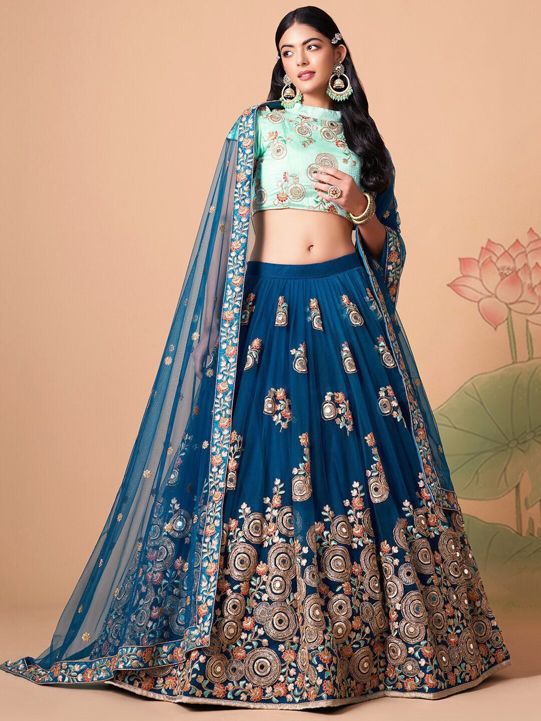 Embroidered Mirror Work Semi-Stitched Lehenga & Unstitched Blouse With Dupatta