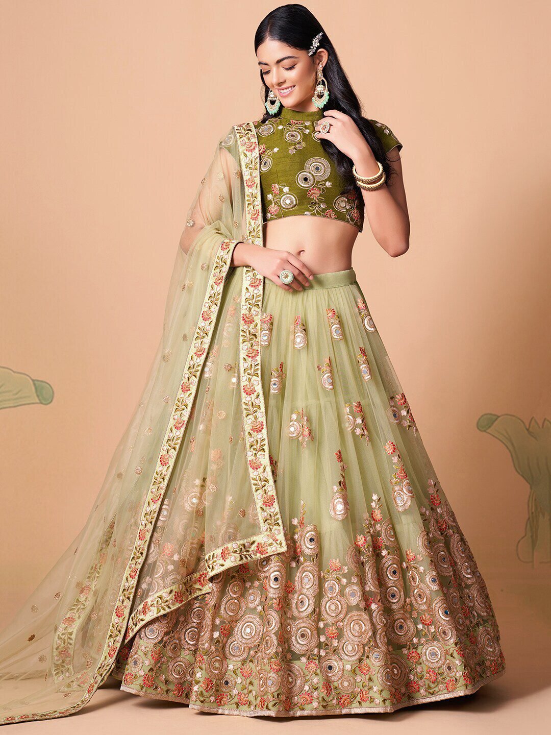 Embroidered Mirror Work Semi-Stitched Lehenga & Unstitched Blouse With Dupatta