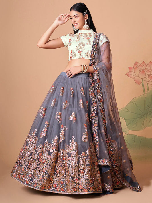 Embroidered Mirror Work Semi-Stitched Lehenga & Unstitched Blouse With Dupatta