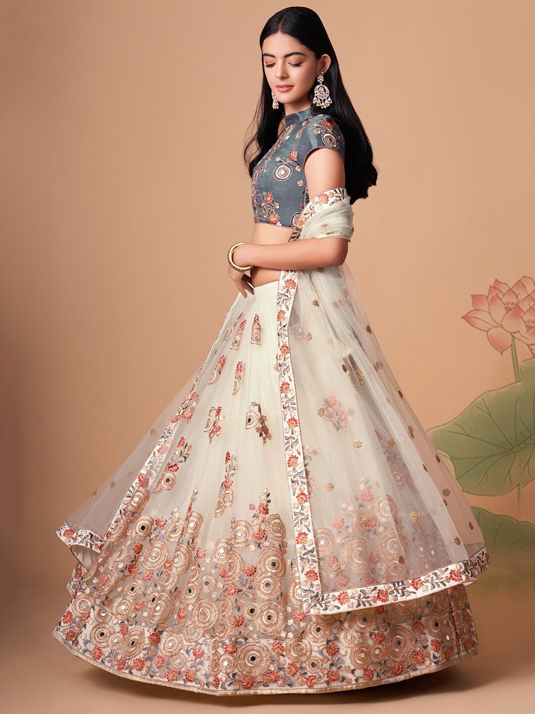 Embroidered Mirror Work Semi-Stitched Lehenga & Unstitched Blouse With Dupatta