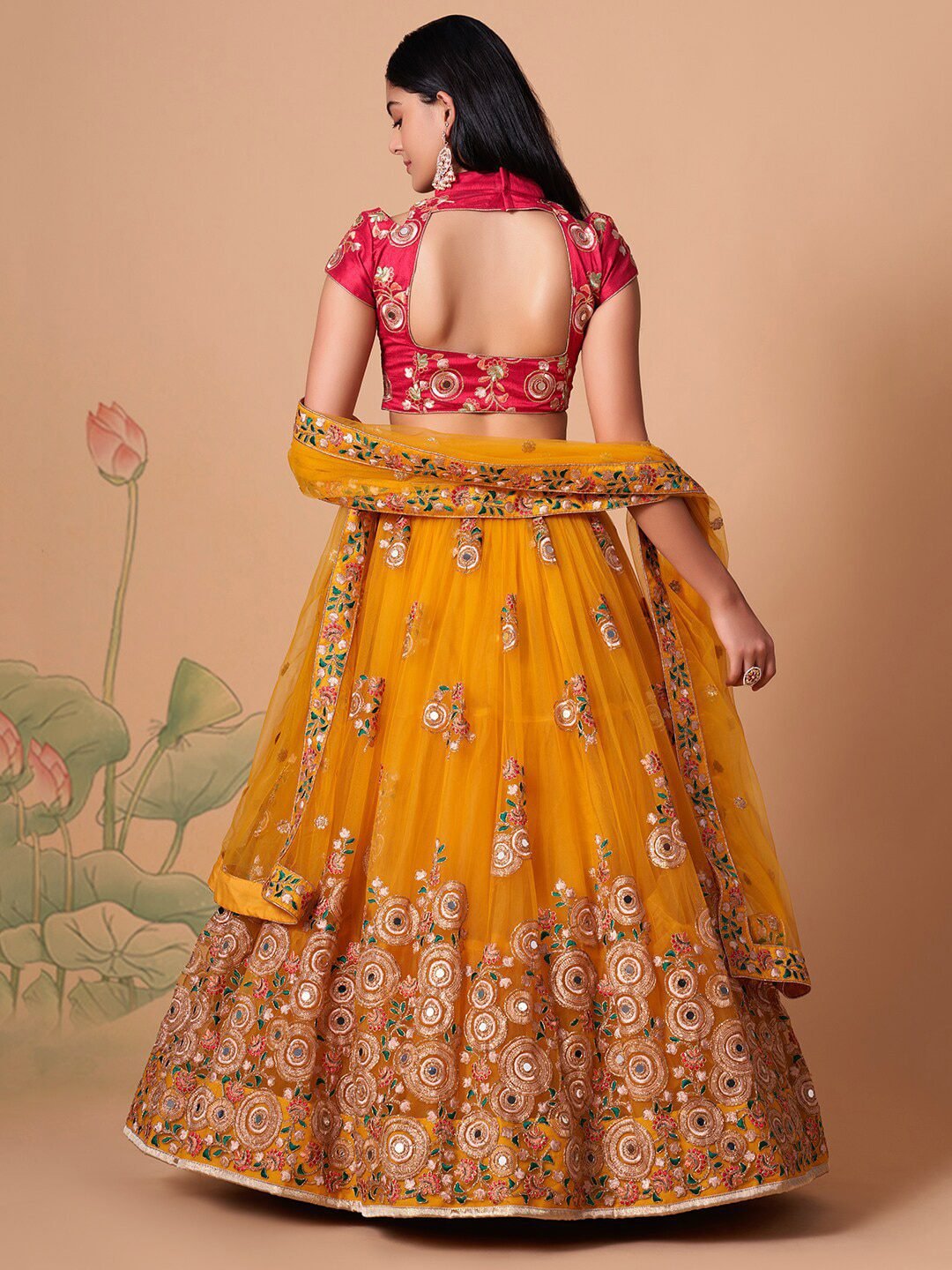 Embroidered Mirror Work Semi-Stitched Lehenga & Unstitched Blouse With Dupatta