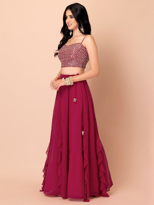 Embroidered Mirror Work Semi-Stitched Lehenga & Unstitched Blouse With Dupatta