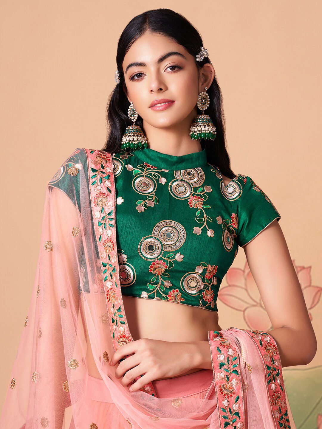 Embroidered Mirror Work Semi-Stitched Lehenga & Unstitched Blouse With Dupatta